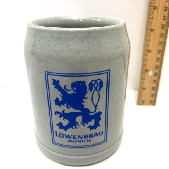 Löwenbräu Other - Vintage Löwenbräu Munich Beer Stein 0.5L Gray Ceramic With Blue Lion Logo 71c